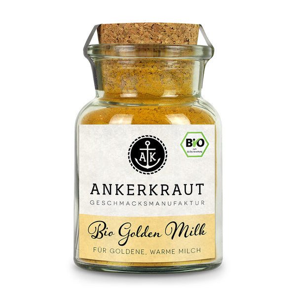 BIO Goldene Milch von Ankerkraut im Korkenglas auf weißem Hintergrund.