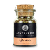 Bruschetta Gewürz von Ankerkraut im Korkenglas auf weißem Hintergrund.