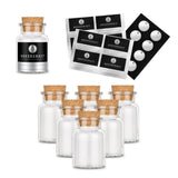 Sechs leere Korkengläser mit Etiketten von Ankerkraut auf weißem Hintergrund.