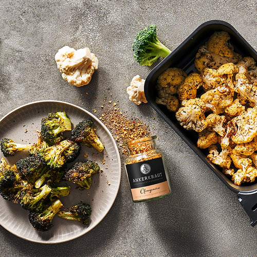 Ofengemüse Gewürz zwischen Brokkoli und Blumenkohl aus Airfryer