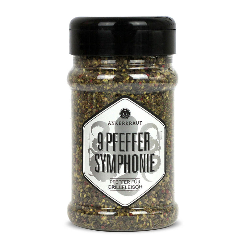 Ankerkraut 9 Pfeffer Symphonie im Gewürzstreuer vor weißem Hintergrund.