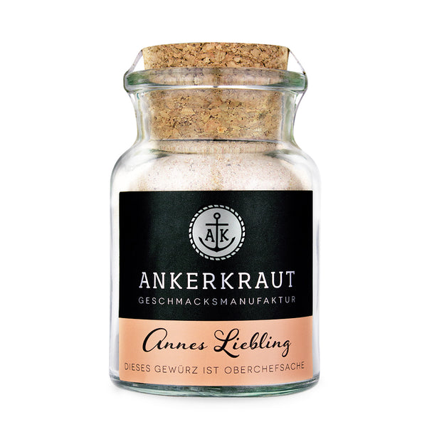 Ankerkraut Annes Liebling im Korkenglas auf weißem Hintergrund.