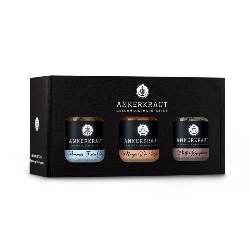 Best-Of-Gewuerzbox von Ankerkraut im schwarzen Karton mit Sichtfenster.