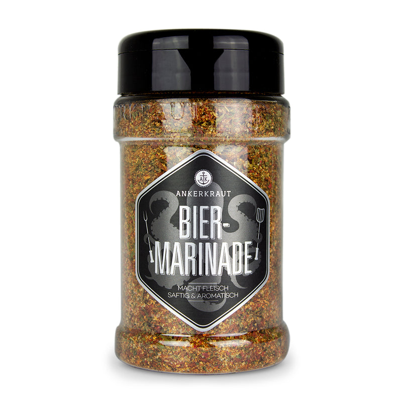 Ankerkraut Biermarinade für Grillfleisch im Gewürzstreuer vor weißem Hintergrund.