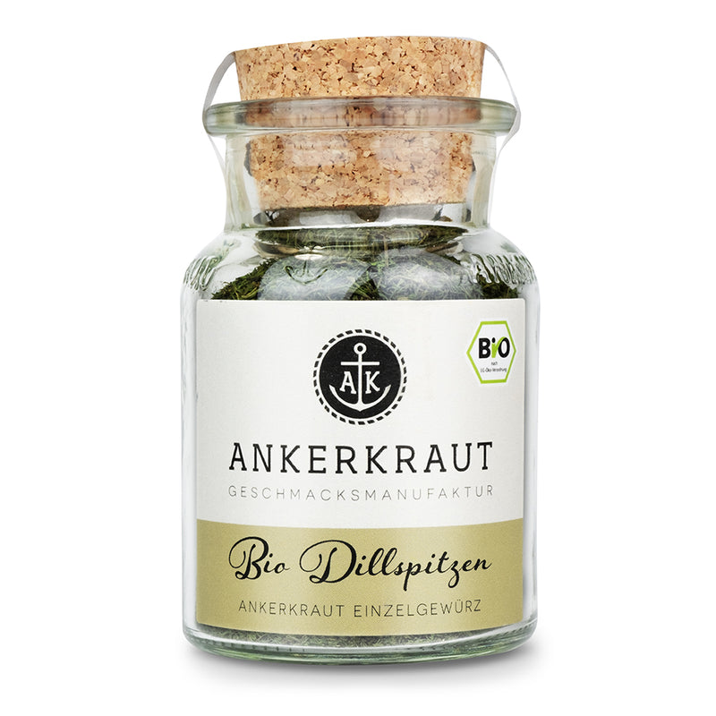 Ankerkraut Bio Dillspitzen im Korkenglas auf weißem Hintergrund.