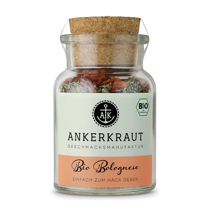 Bio Bolognese Gewürz von Ankerkraut im Korkenglas auf weißem Hintergrund.