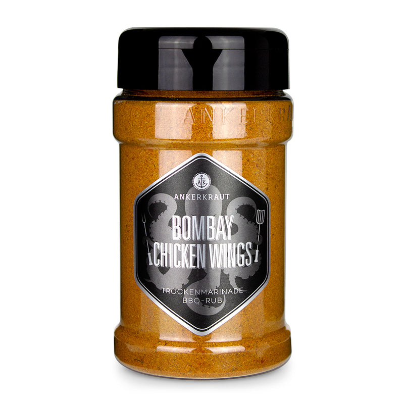 Ankerkraut Bombay Chicken im Gewürzstreuer vor weißem Hintergrund.