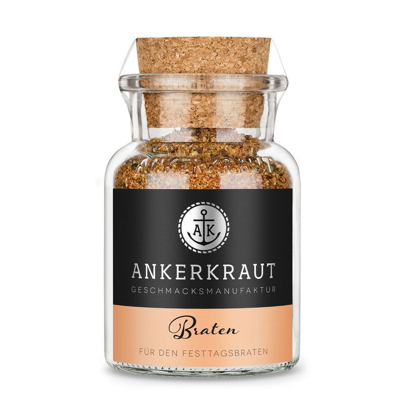 Bratengewürz von Ankerkraut im Korkenglas auf weißem Hintergrund.