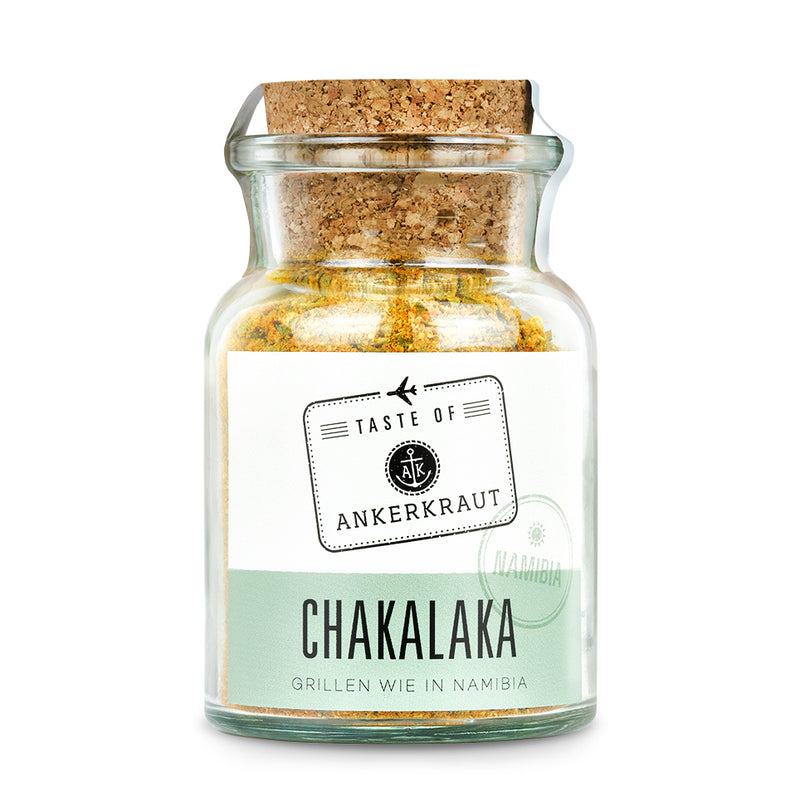 Chakalaka Gewürz von Ankerkraut im Korkenglas auf weißem Hintergrund.