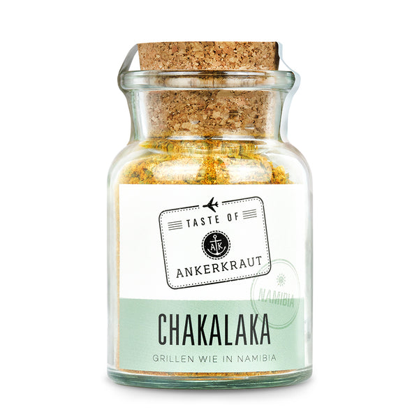 Chakalaka Gewürz von Ankerkraut im Korkenglas auf weißem Hintergrund.