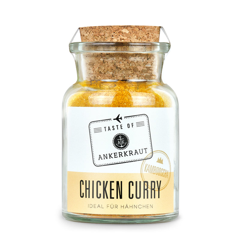 Ankerkraut Chicken Curry im Korkenglas auf weißem Hintergrund.