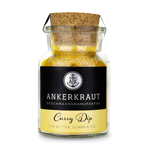 Curry Dip von Ankerkraut im Korkenglas auf weißem Hintergrund.