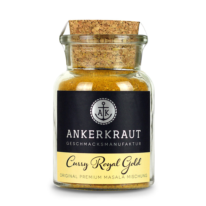 Curry Gold Gewürz von Ankerkraut im Korkenglas auf weißem Hintergrund.
