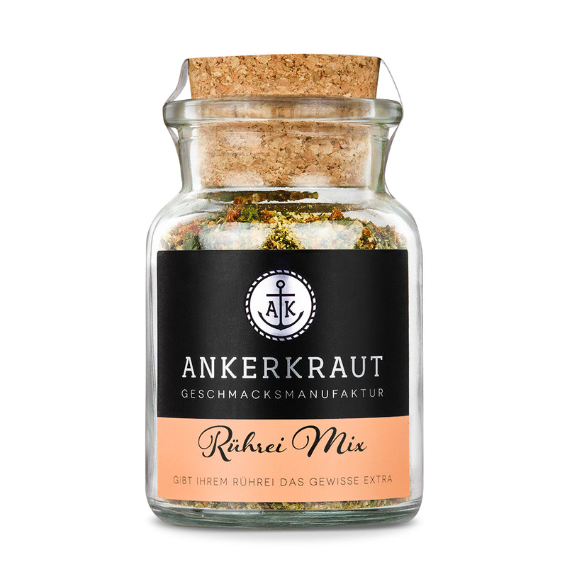 Rührei Mix von Ankerkraut im Korkenglas auf weißem Hintergrund.