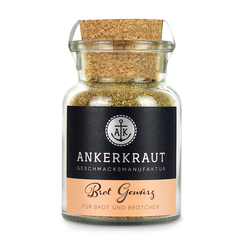 Brot Gewürz von Ankerkraut im Korkenglas auf weißem Hintergrund.