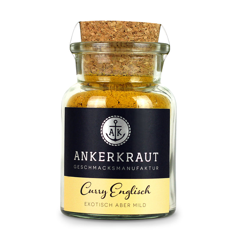 Englisches Currypulver von Ankerkraut im Korkenglas auf weißem Hintergrund.