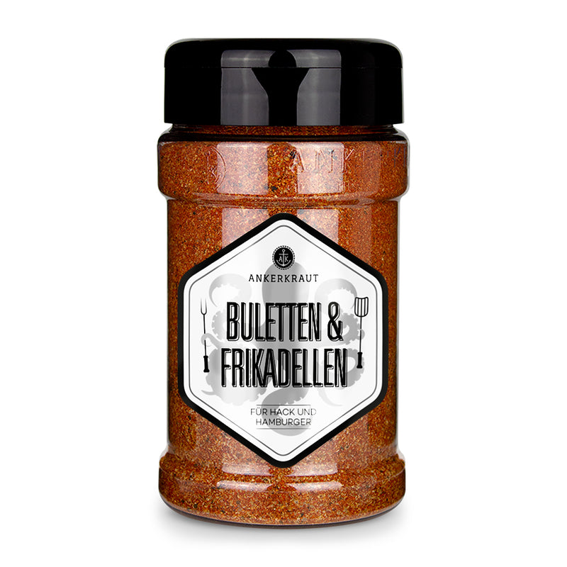 Ankerkraut Frikadellen Gewürz im Gewürzstreuer vor weißem Hintergrund.