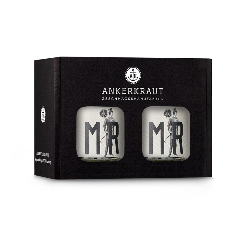 Geschenkbox zur Hochzeit mit zwei Mr. Korkengläsern im schwarzen Ankerkrautkarton.