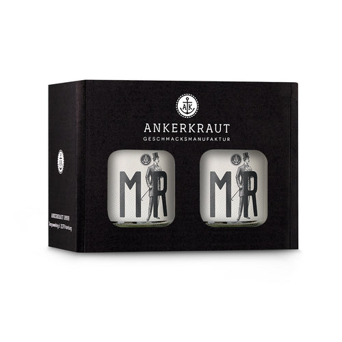 Geschenkbox zur Hochzeit mit zwei Mr. Korkengläsern im schwarzen Ankerkrautkarton.