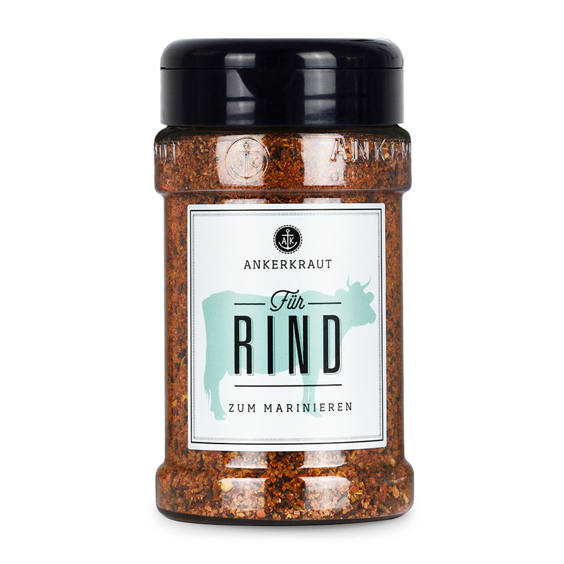 Gewürz für Rindfleisch von Ankerkraut im Gewürzstreuer vor weißem Hintergrund.