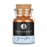 Gewürzsalz von Ankerkraut im Korkenglas auf weißem Hintergrund.