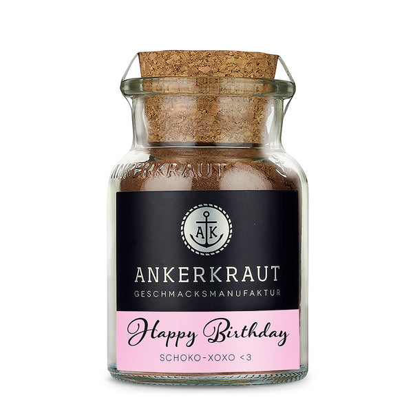 Ankerkraut Happy Birthday Gewürz im Korkenglas auf weißem Hintergrund.