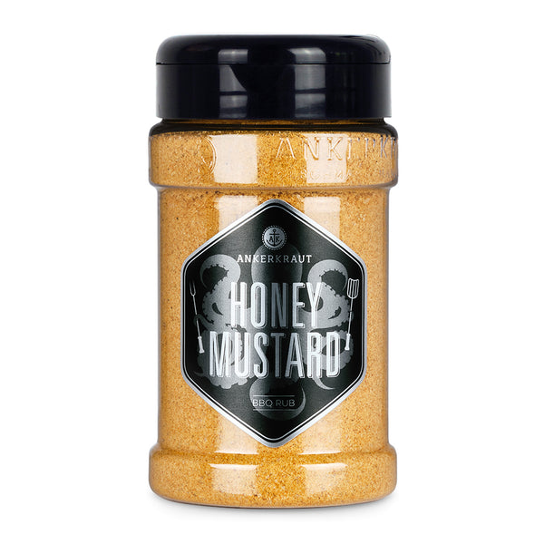 Ankerkraut Honey Mustard Rub im Gewürzstreuer vor weißem Hintergrund.