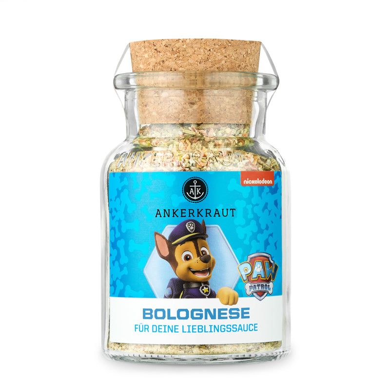 Paw Patrol Bolognese Gewürz von Ankerkraut im Korkenglas auf weißem Hintergrund.