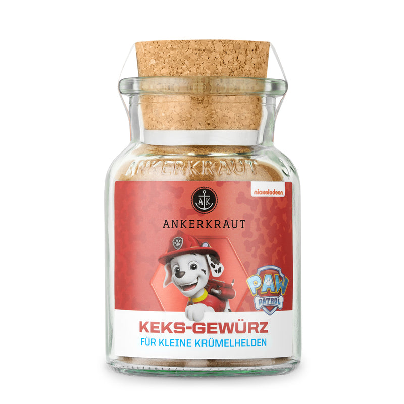 Paw Patrol Keks Gewürz von Ankerkraut im Korkenglas auf weißem Hintergrund.