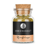 Kartoffelsuppe Gewürz von Ankerkraut im Korkenglas auf weißem Hintergrund.