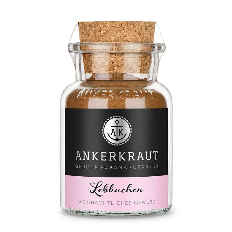 Lebkuchen Gewürz von Ankerkraut im Korkenglas auf weißem Hintergrund.