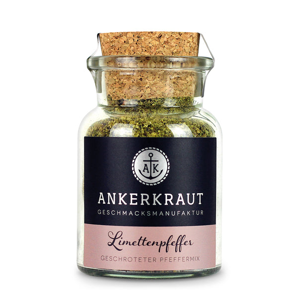 Limettenpfeffer von Ankerkraut im Korkenglas auf weißem Hintergrund.