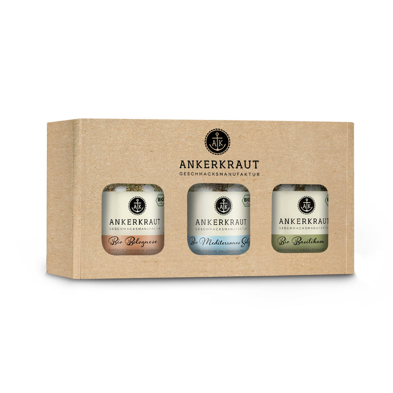 Mediterrane Bio-Gewürzbox von Ankerkraut im Karton mit Sichtfenster.