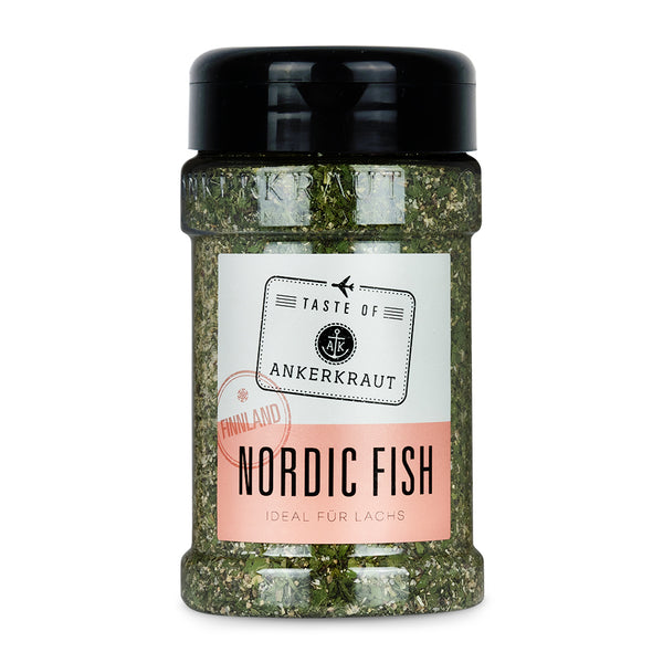 Ankerkraut Nordic Fish im Gewürzstreuer vor weißem Hintergrund.