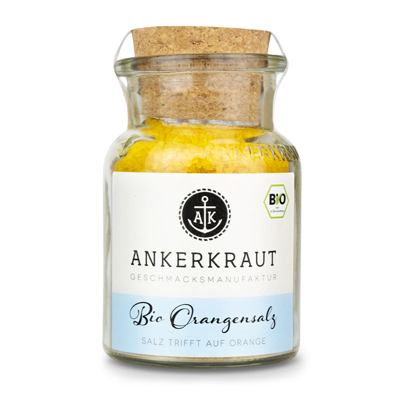 BIO Orangensalz von Ankerkraut im Korkenglas auf weißem Hintergrund.