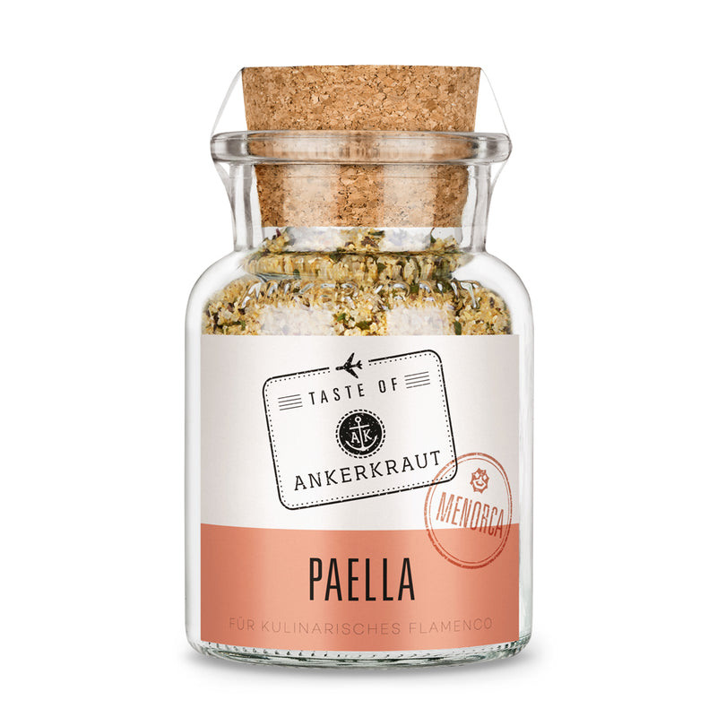 Paella Gewürz von Ankerkraut im Korkenglas auf weißem Hintergrund.