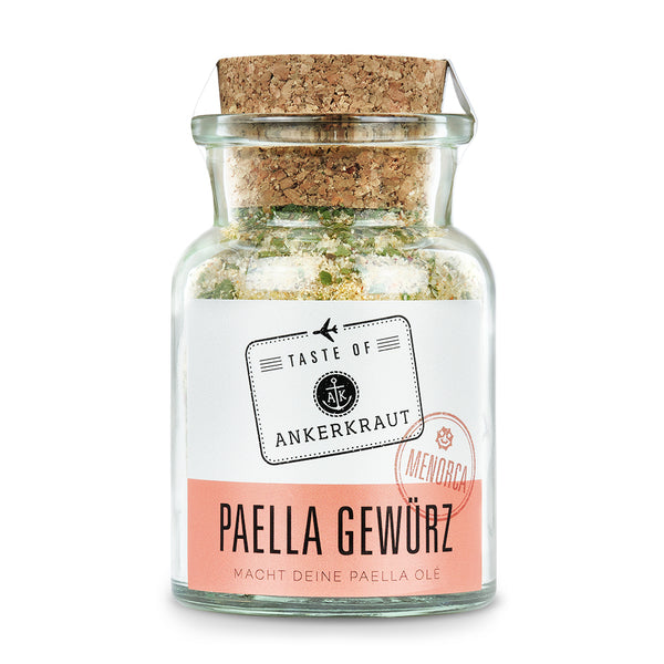 Paella Gewürz von Ankerkraut im Korkenglas auf weißem Hintergrund.