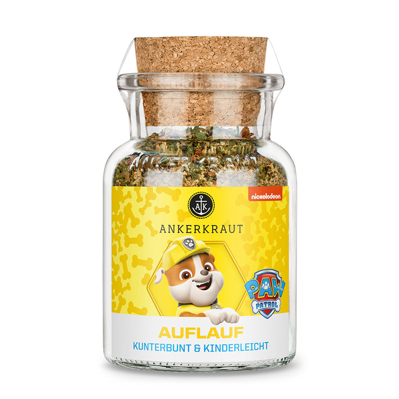 Paw Patrol Auflauf von Ankerkraut im Korkenglas auf weißem Hintergrund.