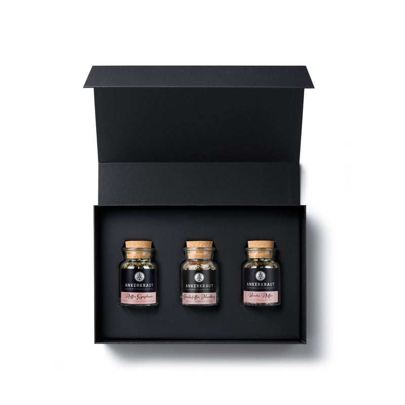 Pfeffer-Set von Ankerkraut mit drei Korkengläsern in der Draufsicht mit geöffnetem Deckel.