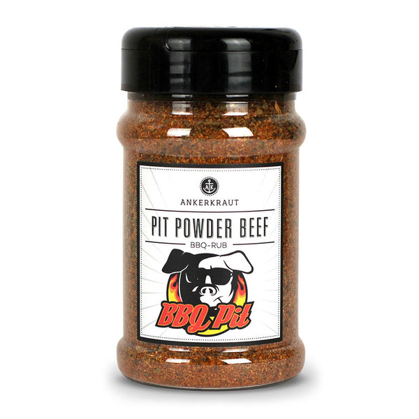 Ankerkraut Pit Powder Beef im Gewürzstreuer vor weißem Hintergrund.