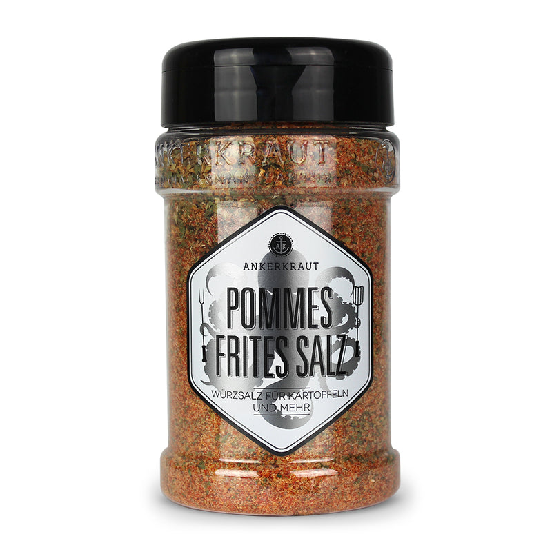 Ankerkraut Pommes Salz im Gewürzstreuer vor weißem Hintergrund.