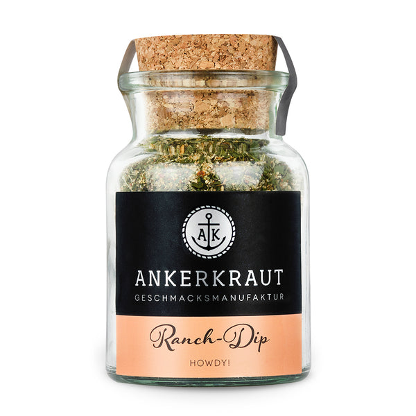 Ranch Dip von Ankerkraut im Korkenglas auf weißem Hintergrund.