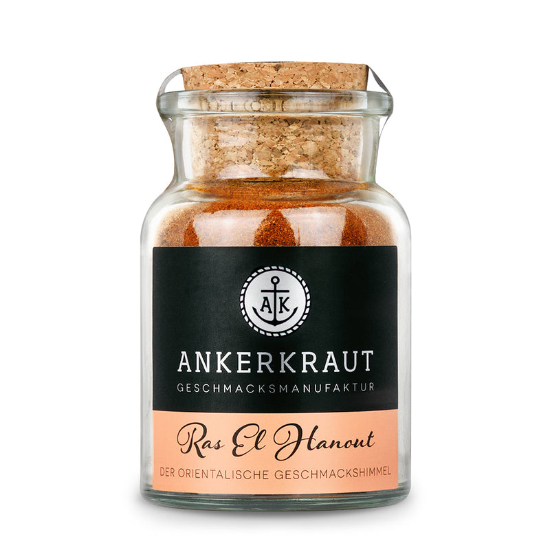Ras El Hanout Gewürz von Ankerkraut im Korkenglas auf weißem Hintergrund.