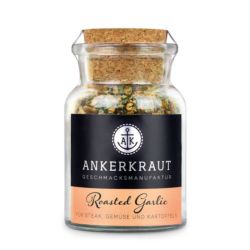 Roasted Garlic von Ankerkraut im Korkenglas auf weißem Hintergrund.