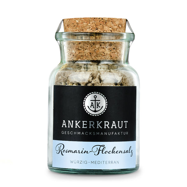 Ankerkraut Rosmarin-Flockensalz im Korkenglas auf weißem Hintergrund.