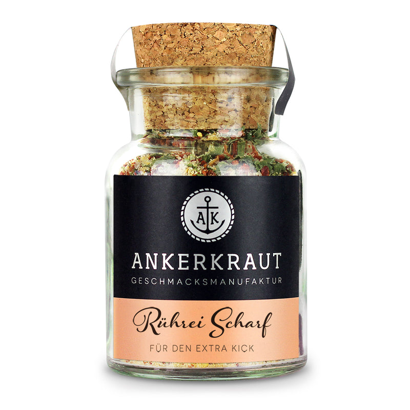 Ankerkraut Rührei Gewürz Scharf im Korkenglas auf weißem Hintergrund.