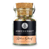 Ankerkraut Rührei Gewürz Scharf im Korkenglas auf weißem Hintergrund.