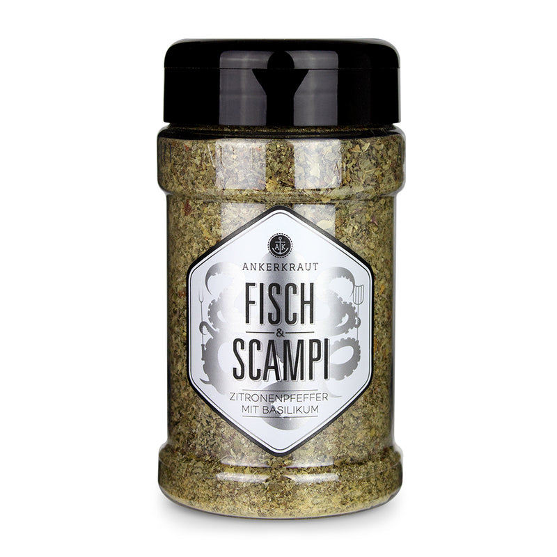 Ankerkraut Scampi Gewürz im Gewürzstreuer vor weißem Hintergrund.