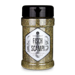 Ankerkraut Scampi Gewürz im Gewürzstreuer vor weißem Hintergrund.