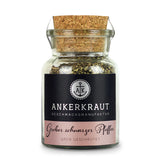 Schwarzer Pfeffer von Ankerkraut im Korkenglas auf weißem Hintergrund.